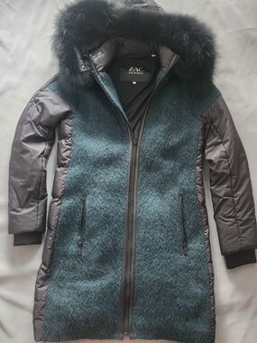 ZAC ZAC POSEN Teal Virgin Wool Alpaca 90% Down Winter Coat Fox Fur Hood XS